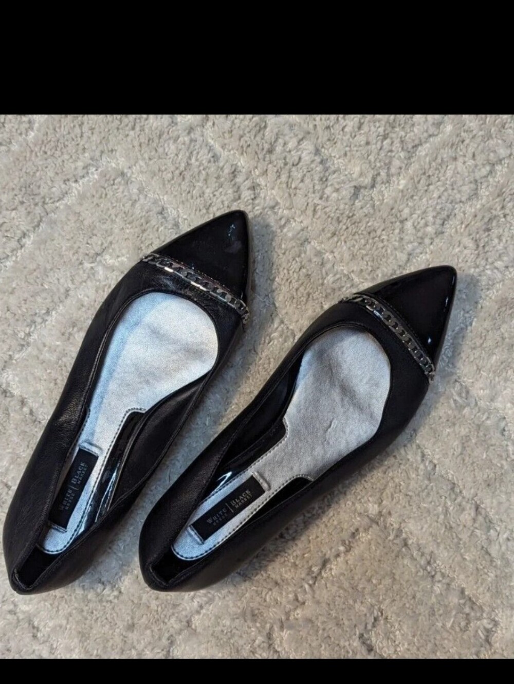 White House Black Market Black Pointed Chain-Trim Flats, 8.5M
